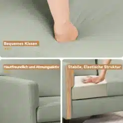 Tugitool linase kattega magamistuppa ja lugemisnurka, pehme ja elastne roheline kangas, käsi surumas patja, tõstes esile stabiilse ja hingava struktuuri ning puidust detailidega käetoed.