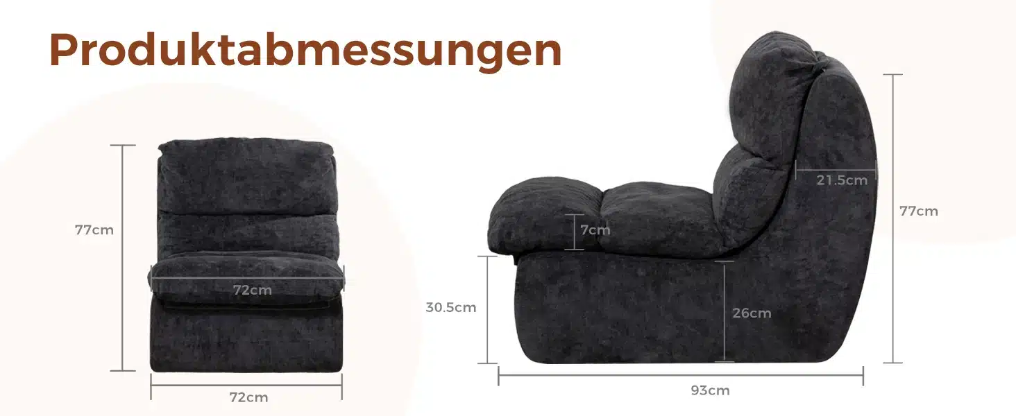 Mugav ja stiilne elutoa tugitool sügava istmega, musta värvi, külje- ja esivaates, mõõtudega 77cm kõrgus, 72cm laius, 93cm sügavus, pehme kangas ja ergonoomiline disain.