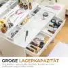 Tualettlaud LED valgustusega ja viie sahtliga | E-pood Tootemaailm Valge Tualettlaud LED valgustusega, viie sahtliga, täidetud kosmeetikatoodetega. Laua peal mitmed ilutooted ja tarvikud, taustal hele puitpõrand.
