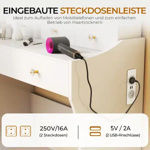 Tualettlaud LED valgustusega ja viie sahtliga | E-pood Tootemaailm Valge tualettlaud LED valgustusega ja viie sahtliga, mille ääres on föön ja pistikupesa. Esiplaanil on näha pehmed toonid ja elegantne disain, loodud stiilseks ja praktiliseks meigiruumiks.