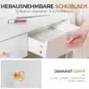 Tualettlaud LED valgustusega ja viie sahtliga | E-pood Tootemaailm Tualettlaud LED valgustusega ja viie sahtliga, mille sahtel on avatud ja millel on elegantne oranži kristallkäepide. Laud on valge ja paikneb heledal taustal.