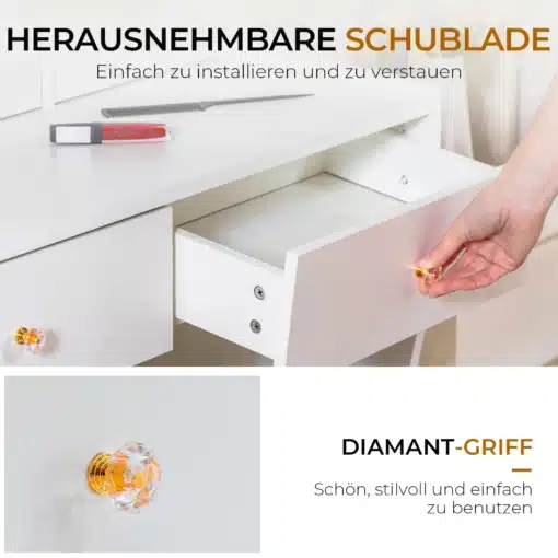 Tualettlaud LED valgustusega ja viie sahtliga | E-pood Tootemaailm Tualettlaud LED valgustusega ja viie sahtliga, mille sahtel on avatud ja millel on elegantne oranži kristallkäepide. Laud on valge ja paikneb heledal taustal.