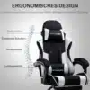 Kontoritool kangast ergonoomiline jalgtoega mänguritool musta ja valge värvikombinatsiooniga, millel on nähtaval pehme peatoe ja seljatoe tugi, pakkudes maksimaalset mugavust ja toetust istumisel. Tool on asetatud hallile taustale, rõhutades selle stiilset ja kaasaegset disaini.