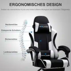 Kontoritool kangast ergonoomiline jalgtoega mänguritool musta ja valge värvikombinatsiooniga, millel on nähtaval pehme peatoe ja seljatoe tugi, pakkudes maksimaalset mugavust ja toetust istumisel. Tool on asetatud hallile taustale, rõhutades selle stiilset ja kaasaegset disaini.
