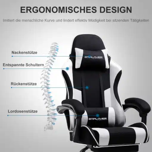 Kontoritool kangast ergonoomiline jalgtoega mänguritool musta ja valge värvikombinatsiooniga, millel on nähtaval pehme peatoe ja seljatoe tugi, pakkudes maksimaalset mugavust ja toetust istumisel. Tool on asetatud hallile taustale, rõhutades selle stiilset ja kaasaegset disaini.