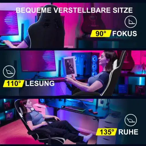 Kontoritool kangast ergonoomiline jalgtoega mänguritool | E-pood Tootemaailm Ergonoomiline kangast kontoritool koos jalgtoega, mille seljatugi on reguleeritav erinevatesse nurkadesse: 90° fokuseerimiseks, 110° lugemiseks ja 135° puhkamiseks. Tool on paigutatud kaasaegse mängurilaua ette, värvilise LED-valgustusega taustal.