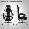 Kontoritool kangast ergonoomiline jalgtoega mänguritool, musta ja valgega kaetud istme ja seljatoega, millel on mõõtmed esindatud. Toolil on reguleeritav kõrgus ja jalgtoega toetus, metallist raam ning ratastel alus.