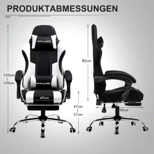 Kontoritool kangast ergonoomiline jalgtoega mänguritool | E-pood Tootemaailm Kontoritool kangast ergonoomiline jalgtoega mänguritool, musta ja valgega kaetud istme ja seljatoega, millel on mõõtmed esindatud. Toolil on reguleeritav kõrgus ja jalgtoega toetus, metallist raam ning ratastel alus.