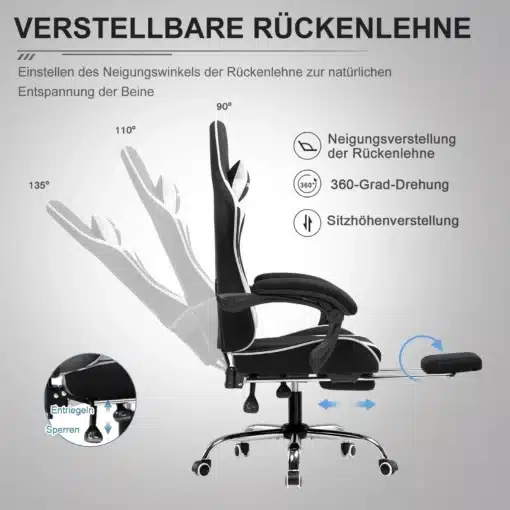 Kontoritool kangast ergonoomiline jalgtoega mänguritool | E-pood Tootemaailm Kontoritool kangast ergonoomiline jalgtoega mänguritool mustal metallkarkassil, millel on mitme asendiga reguleeritav seljatugi ja jalgtoed heledal taustal.