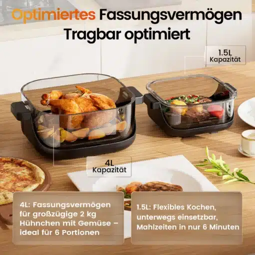 Kuumõhufritüür 4 l klaasaknaga automaatne must, mille sees küpsetatakse tervet kana köögiviljadega puidust köögipinnal, kõrval 1,5 l mahtuvusega kuumõhufritüür.