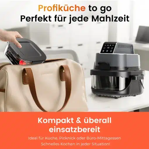 Kuumõhufritüür 4 l klaasaknaga automaatne must kontoris laual, kõrval naise käsi asetamas selle kaasasolevat anumat beeži nahkkotti. Minimalistlik ja kaasaegne köögiseade koos hõlpsalt transporditava disainiga.