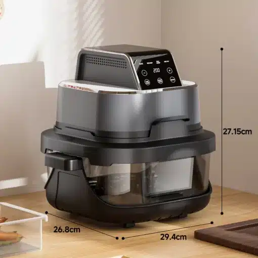 Must automaatne kuumõhufritüür klaasaknaga, mille maht on 4 liitrit. Seade on asetatud puidust köögilauale, taustal neutraalne sein. Fritüüri digitaalne ekraan näitab temperatuuri ja ajaseadeid, rõhutades selle tehnoloogilist mugavust.