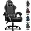 Mänguritool ergonoomiline seljatoega must XGC02 | E-pood Tootemaailm Mänguritool ergonoomiline seljatoega must XGC02, valmistatud kvaliteetsest mustast ja hallist kunstnahast. Toolil on reguleeritavad relvad, pehme padjaga toetatud iste ja seljatugi, mille alumisel osal on logo. Taustal on valge, samuti on näha erinevaid värvivalikuid.