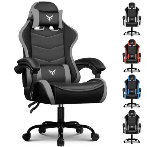Mänguritool ergonoomiline seljatoega must XGC02 | E-pood Tootemaailm Mänguritool ergonoomiline seljatoega must XGC02, valmistatud kvaliteetsest mustast ja hallist kunstnahast. Toolil on reguleeritavad relvad, pehme padjaga toetatud iste ja seljatugi, mille alumisel osal on logo. Taustal on valge, samuti on näha erinevaid värvivalikuid.