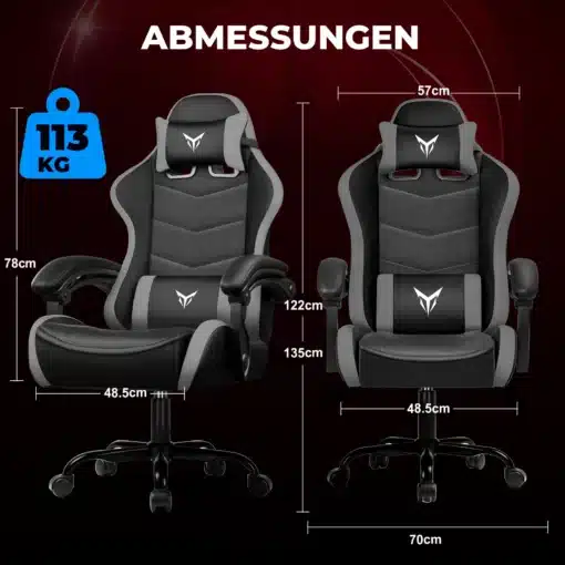 Mänguritool ergonoomiline seljatoega must XGC02 | E-pood Tootemaailm Mänguritool ergonoomiline seljatoega must XGC02, mustast ja hallist materjalist tool, millel on mugav seljatugi ja pehme polsterdus; tool on kujutatud tumedal taustal koos mõõtmetega: kõrgus 135 cm, laius 70 cm, kaalupiirang 113 kg.