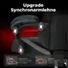 Mänguritool ergonoomiline seljatoega must XGC02 | E-pood Tootemaailm Mänguritool ergonoomiline seljatoega must XGC02, keskendudes modernse disainiga sünkroonsete käetugedele, mis on paigutatud mustale polsterdatud istmele, punane ja must taust.