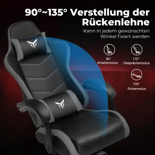 Mänguritool ergonoomiline seljatoega must XGC02 | E-pood Tootemaailm Mänguritool ergonoomiline seljatoega must XGC02, hall nahkkattega ja kaasaskäivate käetugedega, reguleeritava seljatoega. Taustal on sügavpunane muster, näidates erinevaid kallutusnurki vahemikus 90° kuni 135°.