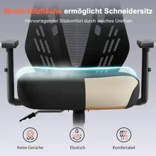 Kontoritool ergonoomiline võrkkattega reguleeritavad käetoed | E-pood Tootemaailm Kontoritool ergonoomiline võrkkattega ja reguleeritavad käetoed musta ja beeži istmega. Taustal hall toon, toolil on elastse ja mugava istepingutusega materjal.