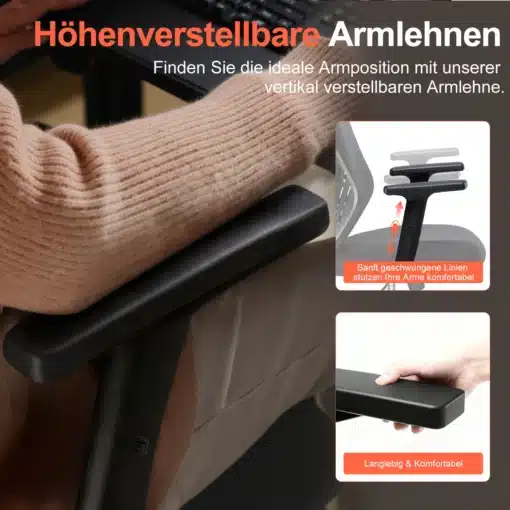 Kontoritool ergonoomiline võrkkattega reguleeritavad käetoed | E-pood Tootemaailm Inimesel on Kontoritool ergonoomiline võrkkattega reguleeritavad käetoed, kus parema käe peal on mugav, must, pehmendatud käetugi. Taustal on osa kirjutuslauast ja sülearvutist.