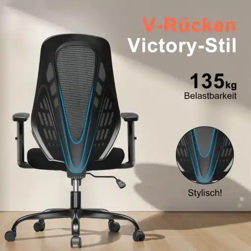 Kontoritool ergonoomiline võrkkattega reguleeritavad käetoed | E-pood Tootemaailm Must ergonoomiline kontoritool võrkkattega ja reguleeritavate käetugedega, mille seljatoel on sinise aktsendiga disain. Tool on puidust põrandal heleda seinaga taustal.
