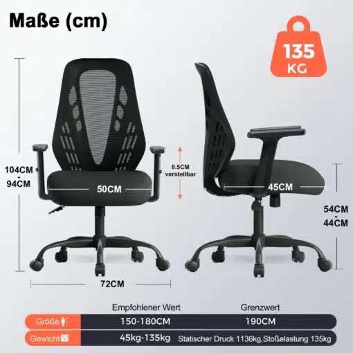 Kontoritool ergonoomiline võrkkattega reguleeritavad käetoed | E-pood Tootemaailm Kontoritool ergonoomiline võrkkattega, reguleeritavad käetoed, musta värvi, mõõtudega 104cm kõrguselt ja 72cm laiuselt, modernse kujundusega kontorikeskkonda sobiv.