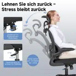 Kontoritool ergonoomiline 3D peatugi ja nimmetugi, mida istub inimene, reguleerimiskangide näitamine, must materjal, kontorikeskkond.