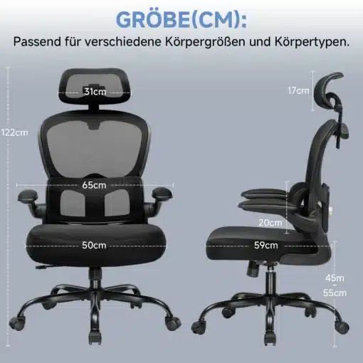 Kontoritool ergonoomiline 3D peatugi ja nimmetugi | E-pood Tootemaailm Kontoritool, millel on ergonoomiline 3D peatugi ja nimmetugi, musta värvi polstriga, reguleeritavad käetoed ja rattad, istub hallil taustal, mõõdud on esindatud sentimeetrites.