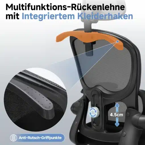 Kontoritool ergonoomiline 3D peatugi ja nimmetugi | E-pood Tootemaailm Kontoritool ergonoomiline 3D peatugi ja nimmetugi, millel on musta värvi multifunktsionaalne seljatugi, integreeritud riidepuu ja libisemiskindlad käetoed. Toetav must raam ja võrgusilmne seljapaneel pakuvad mugavust ja stabiilsust.