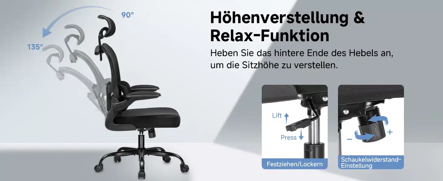 Kontoritool ergonoomiline 3D peatugi ja nimmetugi, musta värvi ja kohandatava seljatoega, kõrguse reguleerimise ja kiikfunktsiooniga, hallil taustal.