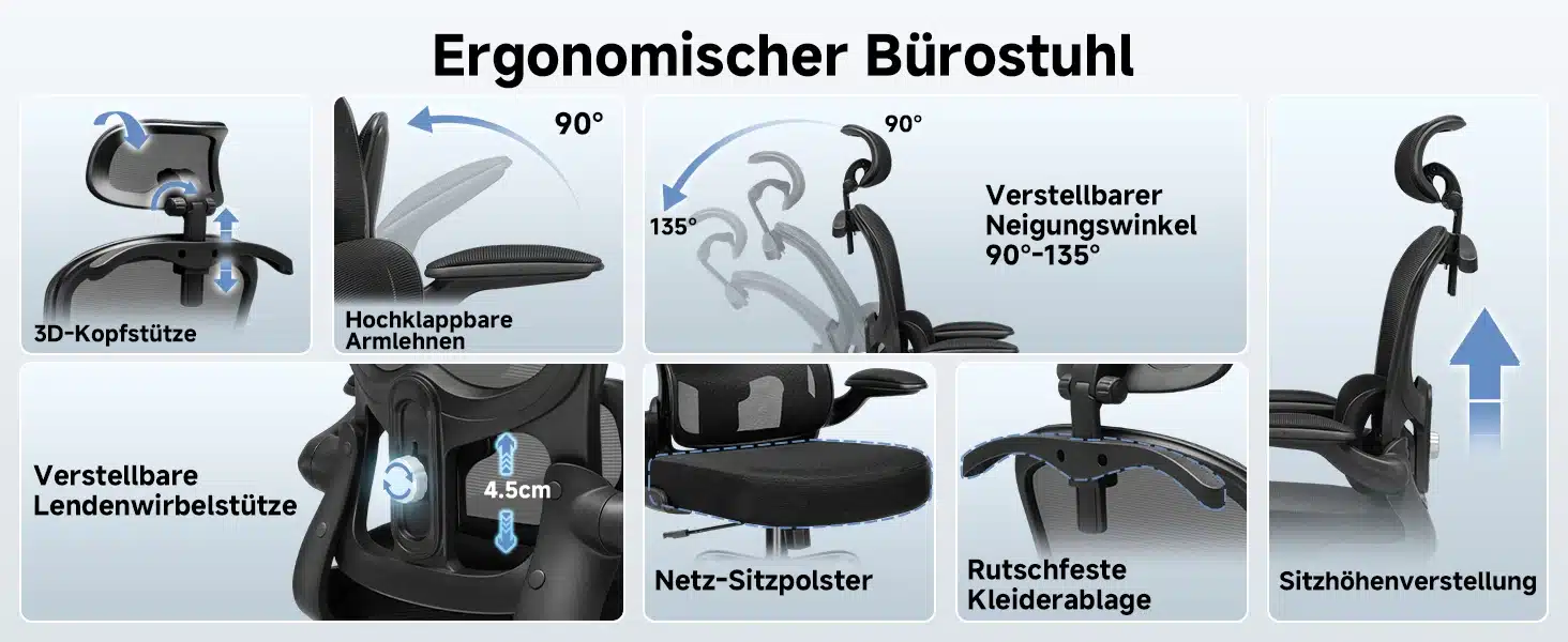 Kontoritool ergonoomiline 3D peatugi ja nimmetugi, musta värvi dünaamilise disainiga, lisatud reguleeritavad käetoed, istme kõrguse ja seljatoe kaldenurga seadistamine. Peatugi ja nimmetugi on mugavust suurendavad omadused, paigutatud hallika taustaga tööruumi.