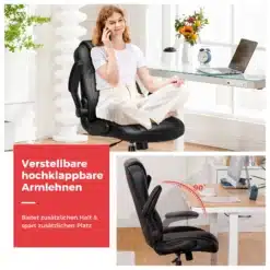 Mänguritool ergonoomiline kiikuvate käetugedega must, millel istub naine valgusküllases toa nurgas kõrvaklappides. Tool on kergesti reguleeritav ja toetab selga mugavalt. Taustal on klaasist kirjutuslaud ja lilled.