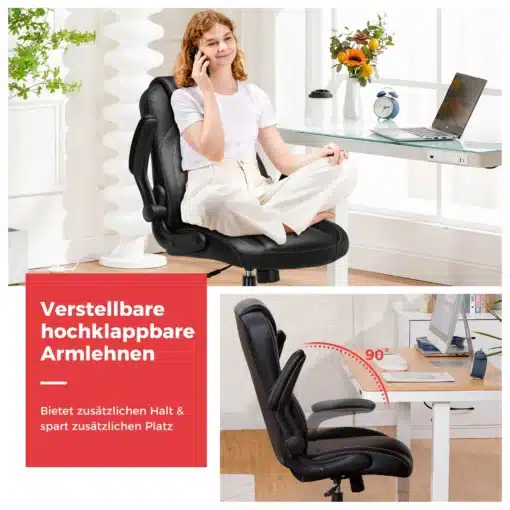 Mänguritool ergonoomiline kiikuvate käetugedega must | E-pood Tootemaailm Mänguritool ergonoomiline kiikuvate käetugedega must, millel istub naine valgusküllases toa nurgas kõrvaklappides. Tool on kergesti reguleeritav ja toetab selga mugavalt. Taustal on klaasist kirjutuslaud ja lilled.