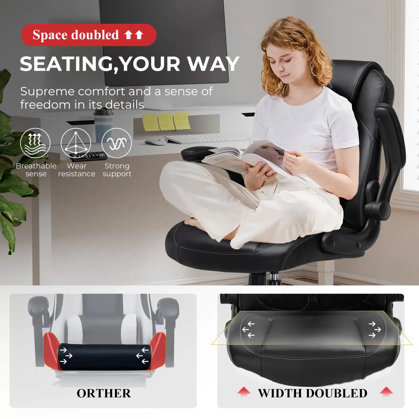 Naine istub valges T-särgis ja heledates pükstes mustal mänguritoolil, millel on ergonoomilised, kiikuvad käetoed. Tool asub valgusküllases kontoris, millel on valge laud ja aknal post-it märkmed. Tooli must kunstnahast pind lisab stiili ja mugavust.
