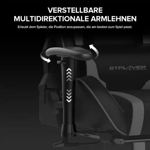Mänguritool jalatoega ja Bluetooth kõlaritega ergonoomiline, millel on reguleeritavad multidirectionaalsed käetoed, musta ja hallika värvitooniga polsterdatud iste, taustal näha GTPlayer logo.
