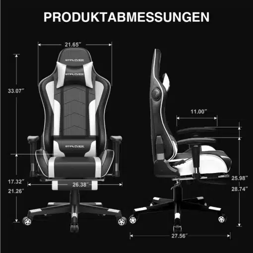 Pildil on must-valge ergonoomiline mänguritool, millel on jalatugi ja integreeritud Bluetooth kõlarid. Tooli eri nurkadest tehtud fotod toovad esile selle mõõtmed ja reguleeritavad omadused, kõik elegantsel mustal taustal.