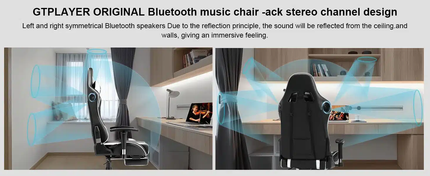 Mänguritool musta värvi, jalatoega ja integreeritud Bluetooth kõlaritega, paikneb modernses kodukontoris lauaga, taustal hele aken ja riiul.
