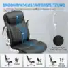 Ergonoomiline kontoritool kõrge seljatoega nahkkate. Tool on musta värvi nahkkattega ja hõbedaste käetugedega, esiplaanil nähtav ning paistab tagaplaanil sinise ergonoomilise seljatoe joonis.