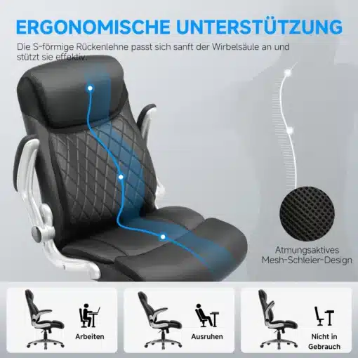 Ergonoomiline kontoritool kõrge seljatoega nahkkate. Tool on musta värvi nahkkattega ja hõbedaste käetugedega, esiplaanil nähtav ning paistab tagaplaanil sinise ergonoomilise seljatoe joonis.