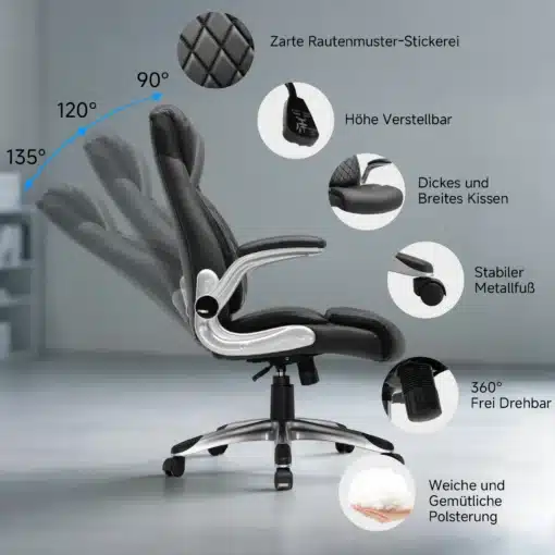 Ergonoomiline kontoritool kõrge seljatoega nahkkattega, mis näitab kohandatavat kõrgust ja metallist jalga. Tool on musta värvi ja sellel on pehme polsterdus ning 360-kraadine pöörlemisvõimalus hallil taustal.