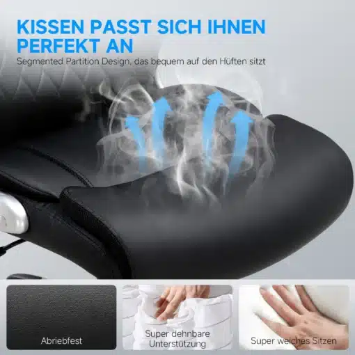 Ergonoomiline kontoritool kõrge seljatoega nahkkate, millel on must polster ning hingav ja elastne iste pind, millelt tõuseb kerget auru taoline hajus efekt siniste noolekestega, mis suunavad ülespoole. Tool on paigutatud helehallile taustale, kus esiplaanil on erinevaid lähivõtteid materjalidest nagu pehme polster ja kulumiskindel nahk.