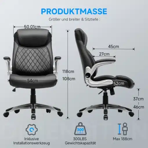 Ergonoomiline kontoritool kõrge seljatoega nahkkate, musta värvi, mõõtmetega 54cm x 50.01cm ja selja kõrgus 118cm. Toolil on hõbedased käetoed ja lai istumissügavus 52cm.