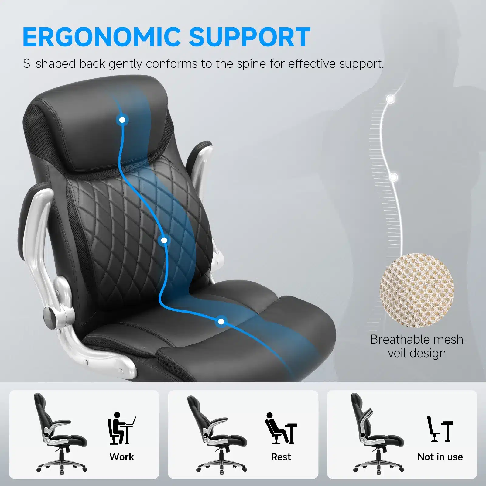 Ergonoomiline kontoritool kõrge seljatoega nahkkate, musta värvi, hõbedaste käetugedega, S-kujuline seljatugi toetab õrnalt selga.