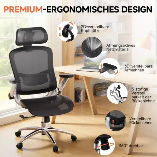 Kvaliteetne kontoritool ergonoomiline must reguleeritav | E-pood Tootemaailm Kvaliteetne kontoritool ergonoomiline must reguleeritav, musta värvi võrkkangast seljatoega ja polsterdatud istmega, mis on reguleeritav kõikides suundades. Toolil on hõbedane metallraam ja ratastel alus puitpõrandal tänapäevases kontoris.