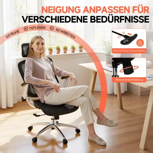 Kvaliteetne kontoritool ergonoomiline must reguleeritav | E-pood Tootemaailm Naine istub kontoris mustal ergonoomilisel kontoritoolil, millel on reguleeritavad funktsioonid, hele puidust põrand ja aknal taimed.