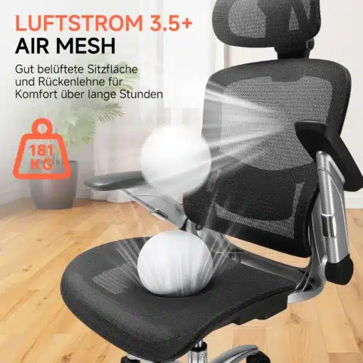 Kvaliteetne kontoritool ergonoomiline must reguleeritav | E-pood Tootemaailm Kvaliteetne kontoritool ergonoomiline must reguleeritav, millel on õhuline võrgust kattega iste ja seljatugi, asetatud heledale puitpõrandale potitaime lähedal.