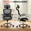 Kvaliteetne kontoritool ergonoomiline must reguleeritav, millel on mõõtmed esitatud: seljatoe kõrgus 126 cm, istme laius 49 cm, ja reguleeritavad käetoed. Tool asub valgusküllases ruumis parkettpõrandal.