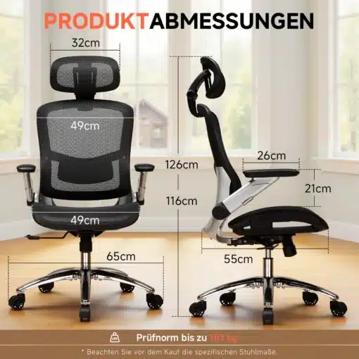 Kvaliteetne kontoritool ergonoomiline must reguleeritav | E-pood Tootemaailm Kvaliteetne kontoritool ergonoomiline must reguleeritav, millel on mõõtmed esitatud: seljatoe kõrgus 126 cm, istme laius 49 cm, ja reguleeritavad käetoed. Tool asub valgusküllases ruumis parkettpõrandal.