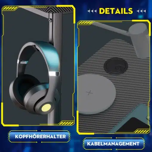 Arvutilaud L-kujuline riiuliga 100 cm kodukontorisse | E-pood Tootemaailm Arvutilaud L-kujuline riiuliga 100 cm kodukontorisse, kuvab kahe jalaga lauda musta ja halli metallilise viimistlusega, millel on kõrvaklappide hoidja ja kaablite korralduse lahendused.