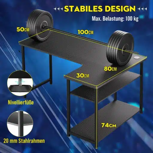 Arvutilaud L-kujuline riiuliga 100 cm kodukontorisse | E-pood Tootemaailm Arvutilaud L-kujuline riiuliga 100 cm kodukontorisse, musta metallraamiga ja vastupidava pinnaga, mille abil on võimalus kanda kuni 100 kg raskust. Taustal sinise varjundiga geomeetrilised mustrid.
