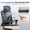 Kontoritool ergonoomiline 3D peatugi ja nimmetugi must | E-pood Tootemaailm Kontoritool ergonoomiline 3D peatugi ja nimmetugi must, hingavast võrgust istme- ja seljatoega. Must tool näidatud koos kergendusjoonistega, mis esitlevad ventilatsiooni omadusi ja elastset vahtmadratsit.